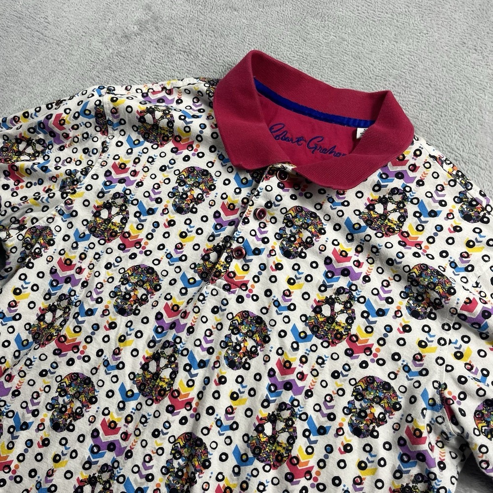 Robert Graham Shirt Mens Small White Skull All Over Print Golf Polo Short Sleeve